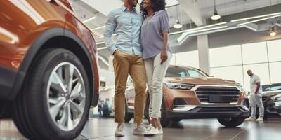 young couple chooses a car in a car dealership photo