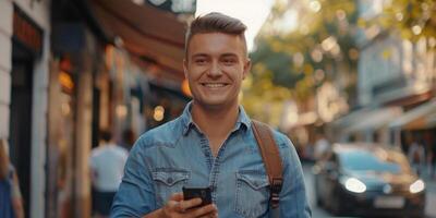 young man with smartphone on the street photo