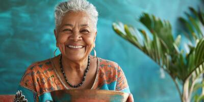 woman smiling happily while holding buddha bowl photo