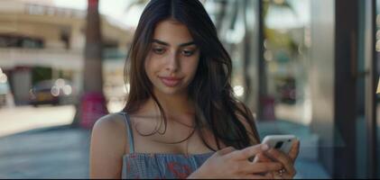 girl with smartphone on the street photo