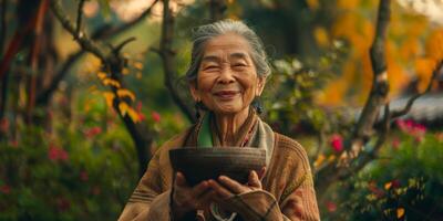 woman smiling happily while holding buddha bowl photo