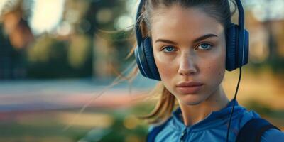 girls morning jogging with headphones photo