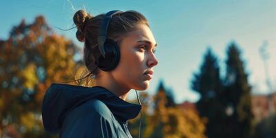 girls morning jogging with headphones photo