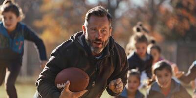 coach trains children in American football photo