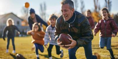 coach trains children in American football photo