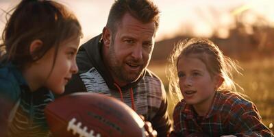 coach trains children in American football photo