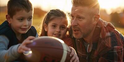 coach trains children in American football photo