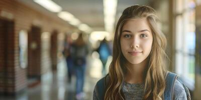 schoolgirl with a backpack in the school hallway photo