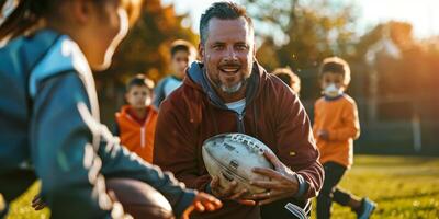 coach trains children in American football photo