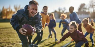 coach trains children in American football photo