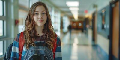 Chica de escuela con un mochila en el colegio pasillo foto