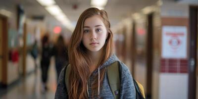 schoolgirl with a backpack in the school hallway photo