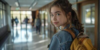 Chica de escuela con un mochila en el colegio pasillo foto