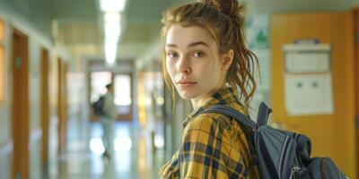 Chica de escuela con un mochila en el colegio pasillo foto