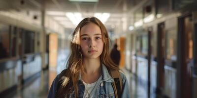 schoolgirl with a backpack in the school hallway photo