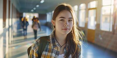 Chica de escuela con un mochila en el colegio pasillo foto