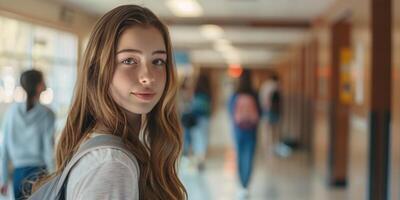 schoolgirl with a backpack in the school hallway photo