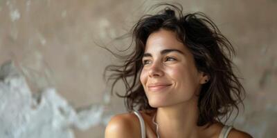 happy girl looking to the side close-up portrait photo