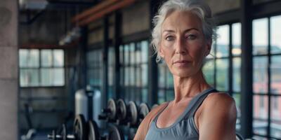 an elderly woman in the gym crossed her arms over her chest photo