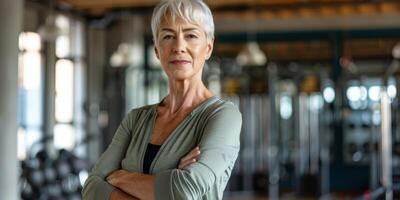 an elderly woman in the gym crossed her arms over her chest photo