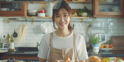 young asian woman cooking in the kitchen photo