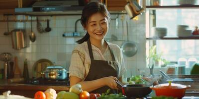 young asian woman cooking in the kitchen photo