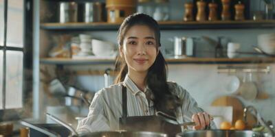 young asian woman cooking in the kitchen photo