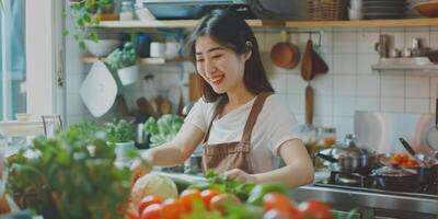 young asian woman cooking in the kitchen photo