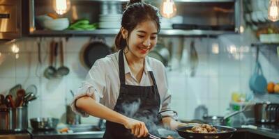 joven asiático mujer Cocinando en el cocina foto