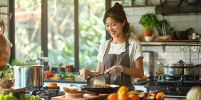 young asian woman cooking in the kitchen photo