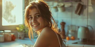 young woman sitting in the kitchen and smiling photo