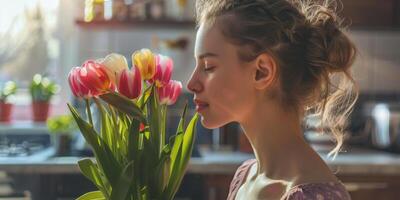 hermosa mujer olfateando un ramo de flores de tulipanes foto
