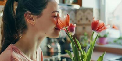 hermosa mujer olfateando un ramo de flores de tulipanes foto