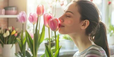 hermosa mujer olfateando un ramo de flores de tulipanes foto