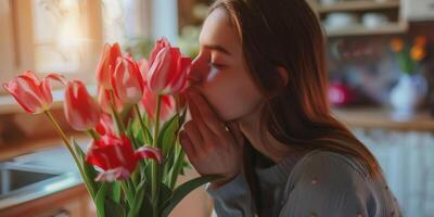 hermosa mujer olfateando un ramo de flores de tulipanes foto