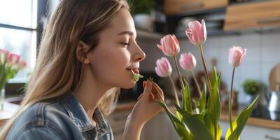 hermosa mujer olfateando un ramo de flores de tulipanes foto