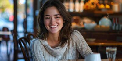 beautiful woman sitting at a table in a cafe and smiling photo