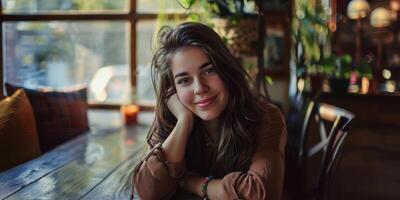 beautiful woman sitting at a table in a cafe and smiling photo