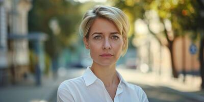 middle-aged woman businessman portrait on the street photo