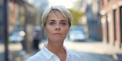 middle-aged woman businessman portrait on the street photo