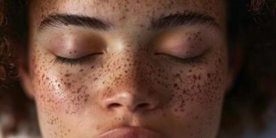 African American girl with freckles close-up portrait with closed eyes photo