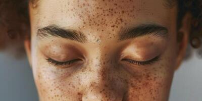 African American girl with freckles close-up portrait with closed eyes photo