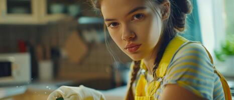 girl doing general cleaning in the kitchen photo