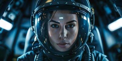 female fighter pilot in a spacesuit close-up portrait photo