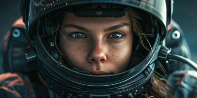 female fighter pilot in a spacesuit close-up portrait photo