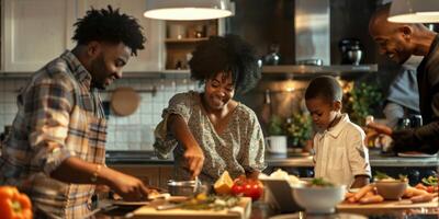 Young African American family with a child cooking in the kitchen photo