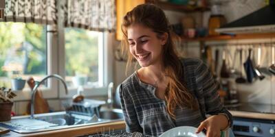 woman with a beautiful smile in the kitchen photo