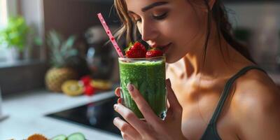 mujer bebidas natural jugo desde frutas y hierbas en el cocina foto