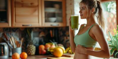 mujer bebidas natural jugo desde frutas y hierbas en el cocina foto