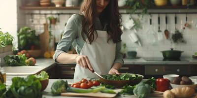 woman cutting salad in the kitchen photo